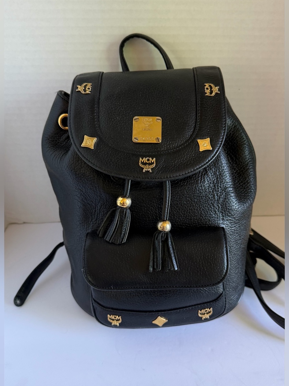 MCM Black all Leather Backpack with Gold Hardware and Tassels
